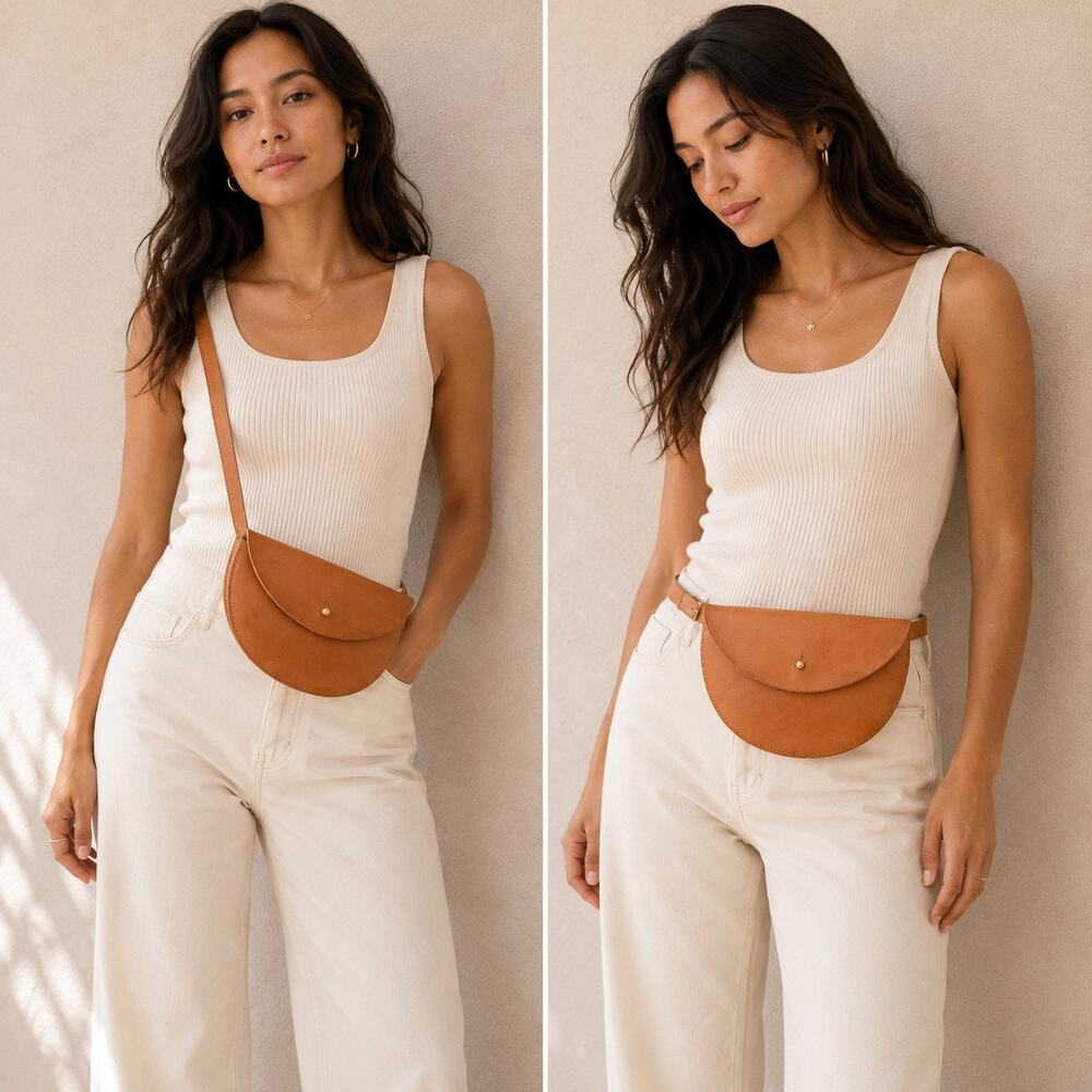 TREE FAIRFAX | Half‎ Moon Real Leather Crossbody Belt Bag Tan Gold Hardware | OS